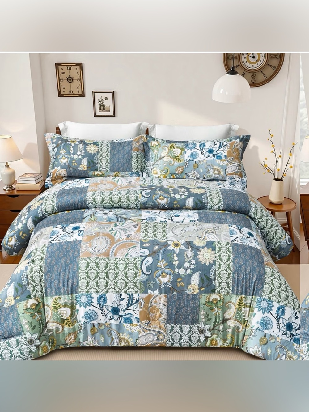 Boho King Size Comforter Set - 3 Piece Patchwork Vintage Soft Bedding Farmhouse
